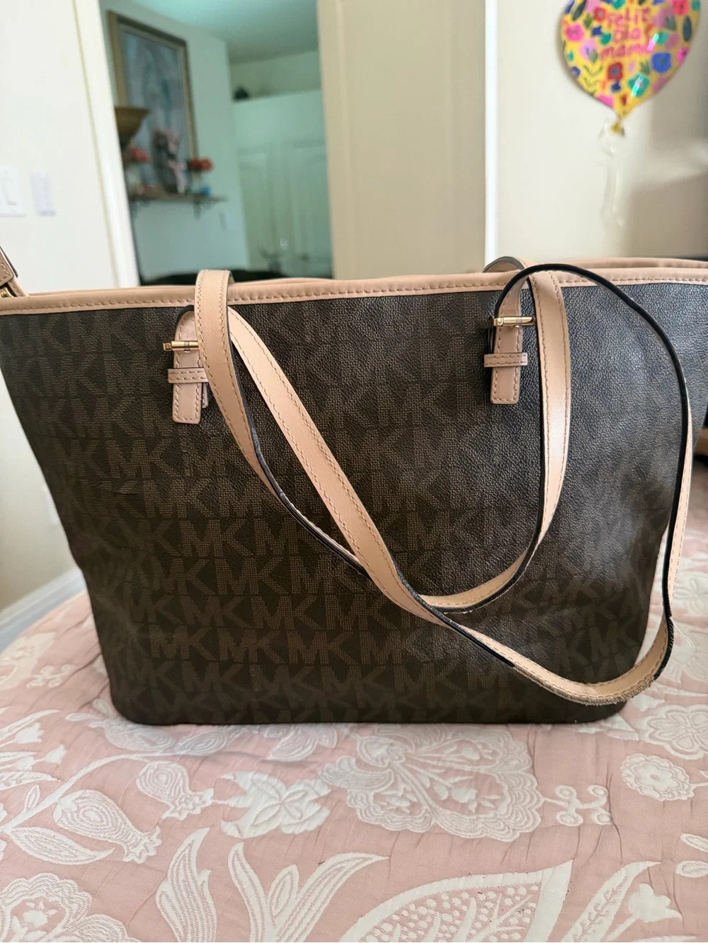 Michael Kors Brown Tote with Blush Trim and Gold Charm